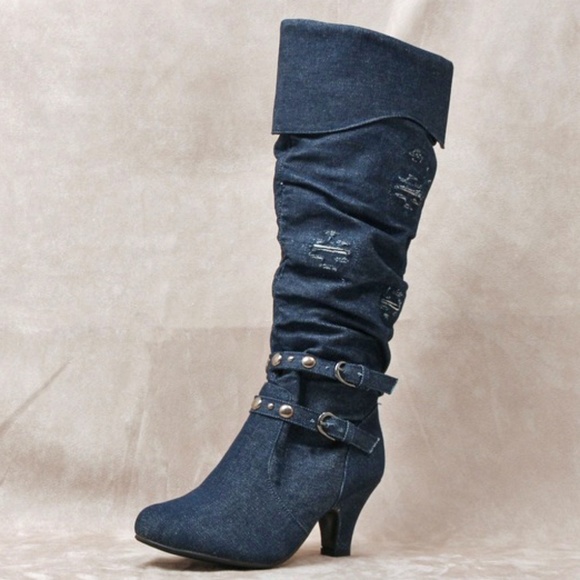 Shoes - Distressed Denim Blue knee high boot Monica-01